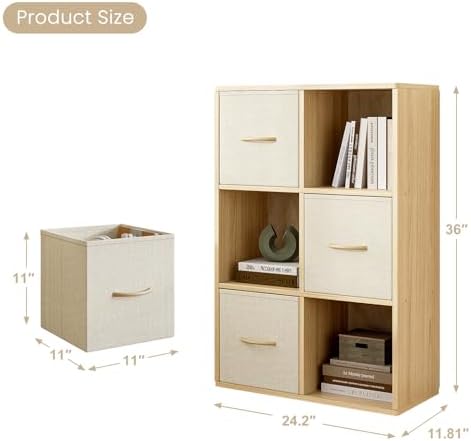 EXPERLAM 6 Cube Storage Organizer - Solid Wood Bookshelf with 3 Storage Bins, Cube Shelf with 2 Removable Back Panels, Vertical or Horizontal Bookcase, Open Book Shelf for Bedroom, Living Room, Office - Image 3