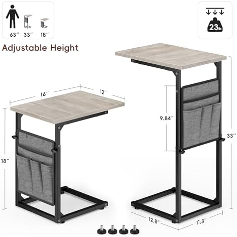 Vagusicc C-Shaped End Table, Small Side Table for Couch, Sofa Table Adjustable Height End Tables Living Room, Bedside Slide Under Couch Table for Sofa, TV Tray Table with Metal Frame for Bedroom, Grey - Image 3