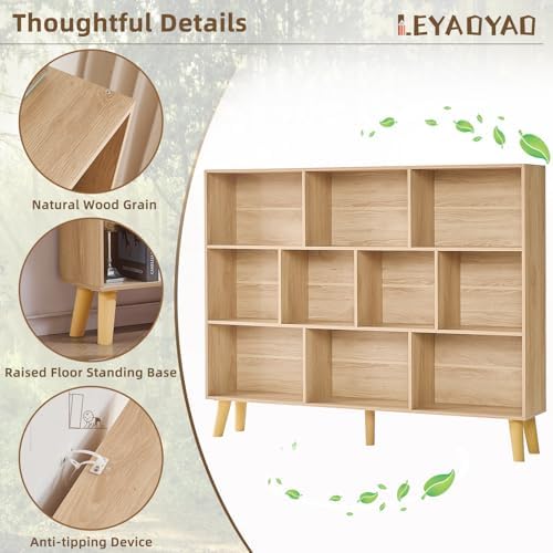 LEYAOYAO 10 Cube Bookshelf,Mid-Century Modern Bookcase with Legs,Light Wood - Image 5