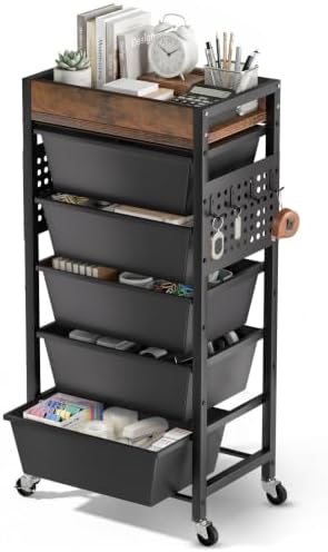 6 Tier Rolling Cart with Drawers, Plastic Drawer Storage Craft Cart with Pegboards & Hooks, Metal Utility Cart with Wheels & Wooden Tabletop, Classroom Office Art Supply Organizers and Storage, Black by TimeForest