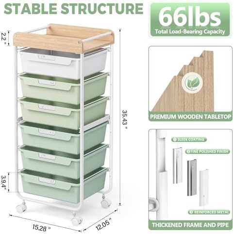 SYKIARIOL Rolling Cart with 6 Drawers,Art Craft Organizer and Storage,Green - Image 5