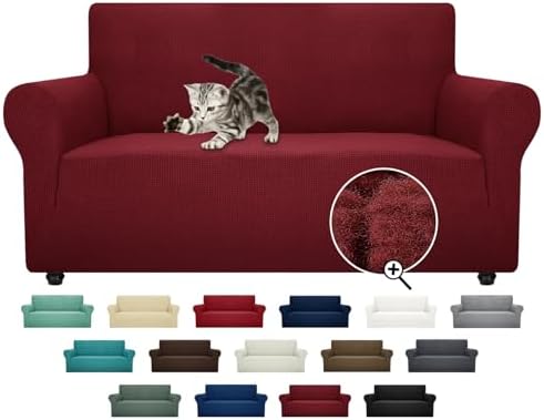 ZNSAYOTX Super Stretch Couch Cover Love Seat Sofa Covers for Living Room Dogs Pet Friendly Furniture Protector Spandex Loveseat Slipcovers with Anti Slip Foam Sticks (Wine Red, Loveseat) by ZNSAYOTX