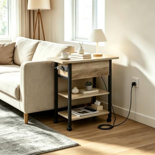 WLIVE 3-Tier End Table with Charging Station Flip Top Narrow Nightstand - Image 2
