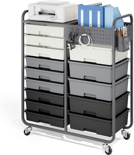 14 Drawer Rolling Storage Cart with Tabletop and Pegboard for Crafts Grey by APEXCHASER