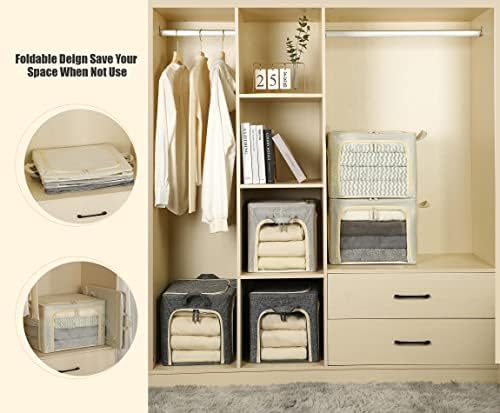 3 Openings Clothes Storage Bins with Metal Frame, Foldable Storage Bin for Clothes, Clothing Storage Bins with Lid, Linen Storage Box With Clear Window＆ Zippers＆ Durable Handles.(3 Pcs ,Beige,40L) - Image 5