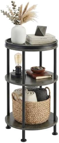 Small Round Side Table, Rustic Grey End Table with Tray Top, 3-Tier Greige Nightstand for Living Room & Bedroom, 11.8" Narrow Corner Table, 21.7" H Industrial Accent Furniture for Small Spaces, Grey by Zexvida