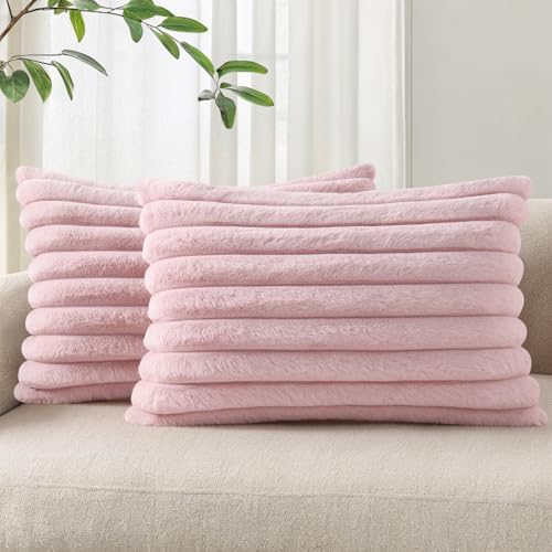 Pallene Faux Fur Decorative Throw Pillow Covers 12x20 Set of 2, Blush Pink by PALLENE