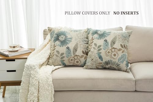 Mika Home Pack of 2 Decorative Throw Pillows Cases Cushion Cover for Sofa Couch Bed,Sunflower Pattern,20x20 Inches,Blue Cream - Image 2