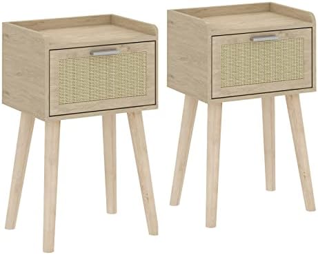 LAATOOREE Nightstand Set of 2, Small Bed Side Table with Rattan Door by LAATOOREE