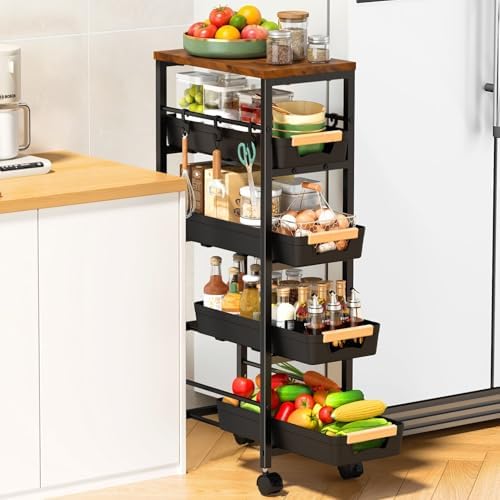 SUNALLY Slim Storage Cart with Wheels, Narrow Kitchen Rolling Cart, Black by SUNALLY