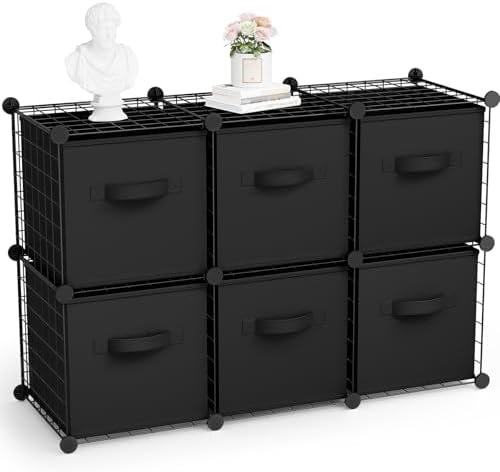Leinuosen 6 Cube Storage Organizer with 6 Foldable Fabric Storage Bins, Metal Wire Grid Shelves, Stackable Modular Closet Organizer for Bedroom Living Room Office Toys Books(Black,Black) by Leinuosen