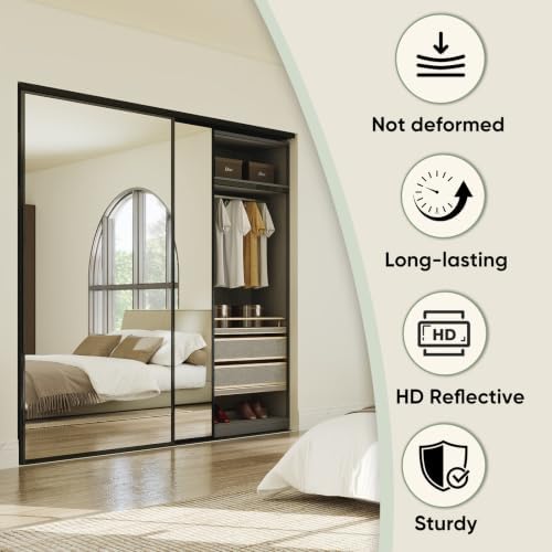 JUBEST 72x80 Mirrored Closet Door, 2-Panels Steel Frame Sliding Mirror Door Top & Bottom Track Kits, One Side Full-Sized Mirror with Safety Backing, Easy to Install, Black - Image 6