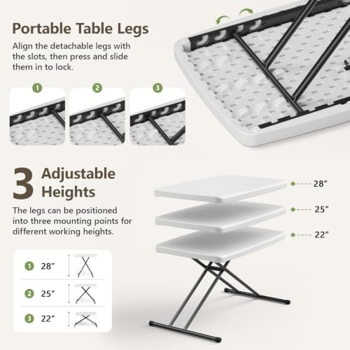 Folding Table 30 Inch -4pack, Small Desk Adjustable Height TV Tray for Laptop, Couch, Camping - Heavy Duty Utility Foldable Table for Small Spaces, No Assembly Required, White - Image 7