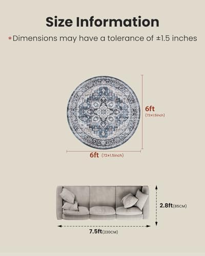 AMADA HOMEFURNISHING Round 6ft Area Rugs, Low-Profile Washable Rug with Non-Slip Backing & Durable Edge Binding, Vintage Rugs for Living Room, Bedroom, Dinning Room - Image 2