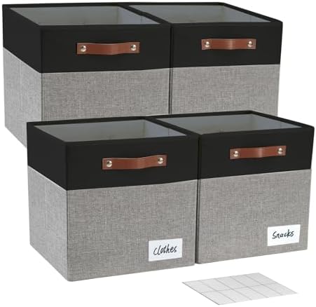 Bagnizer 13x15x13 Storage Cube Bins, Foldable Storage Organizer Baskets, Fabric Cube Storage Boxes with 2 Reinforced PU Handles for Kallax, Shelves, Living Room | 4 Pack, Black & Gray by Bagnizer