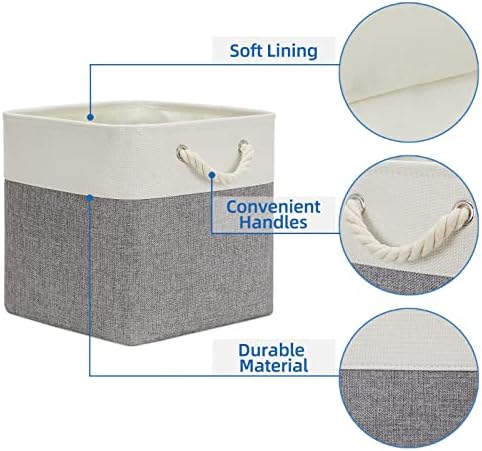 Temary Fabric Baskets 13 Inch Cube Storage Baskets with Rope Handle, Storage Cube Bins Clothes Basket for Gift, Large Storage Bins for Storage Books, Blankets (White&Gray) - Image 5