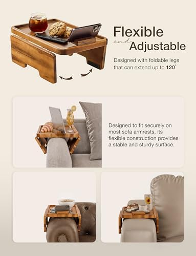 HOLANA 15.75" Acacia Couch Arm Tray with Phone Holder, Natural Wood Color - Image 4