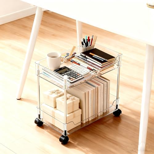 Betoveren 2 Tier Utility Rolling Cart Storage Organizer with Wheels Under Desk Mobile Bathroom Cart Organizer for Office Bathroom Home Kitchen Organization Transparent (Width 8.85 Inches) - Image 5