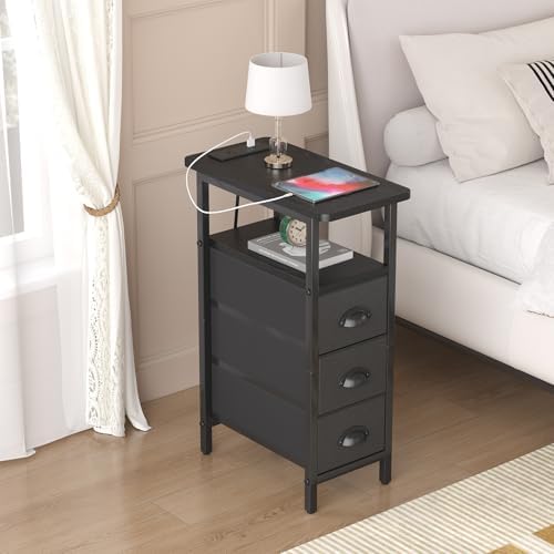 shtmec Narrow End Table Set of 2 with Charging Station, Side Tables Set 2 with Fabric Drawers, Small Bedside Tables Nightstands for Small Space, Slim Sofa Couch Table for Livingroom,Black - Image 6