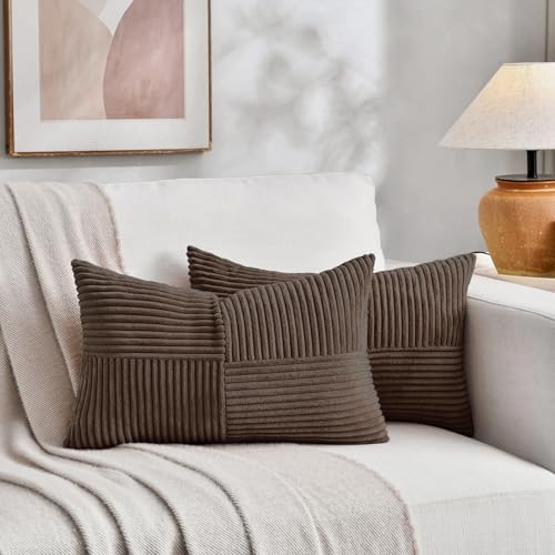 Fancy Homi 2 Packs Dark Brown Lumbar Decorative Throw Pillow Covers 16x32 Inch for Living Room Couch Bed, Rustic Farmhouse Boho Home Decor, Soft Striped Corduroy Rectangle Accent Cushion Case 40x80 cm - Image 5