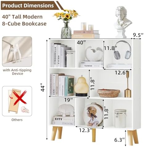 LEYAOYAO 8 Cube Bookshelf, Mid-Century Modern Book Shelf with Legs, White - Image 2