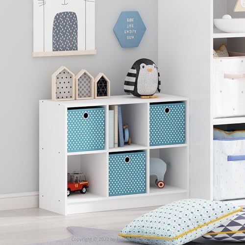 Furinno BASIC Book Shelf, 6-Cube Bookshelf with Open Shelf, 3 x 2 Bookcase with Storage Bins, Closed Back, Horizontal, 11.9 x 31.6 x 23.6, for Living Room, Bedroom, Home Office, White/Light Blue - Image 2