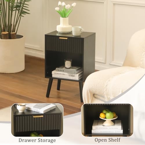 Fultyle Black Fluted Nightstand, Modern Bedside Table with Drawer and Shelf - Image 6