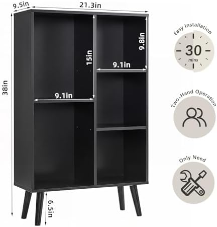 YAHARBO Small Black Narrow Bookshelf,3 Tier Modern Bookcase with Legs,Bookshelves Wood Storage Shelf,Rustic Book Shelves Cube Organizer,Display Bookcase - Image 2