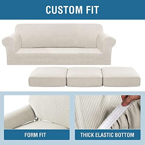 H.VERSAILTEX 4 Piece Stretch Sofa Covers for 3 Cushion Couch Covers for Living Room Furniture Slipcovers (Base Cover Plus 3 Seat Cushion Covers) Upgraded Thicker Jacquard Fabric (XL Sofa, Ivory) - Image 6
