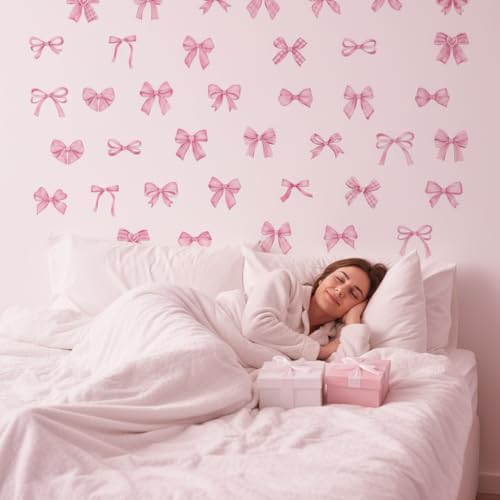60Pcs Watercolor Bowtie Wall Stickers - Coquette Aesthetic Vinyl Decals for Room Decor in Light Pink, Sky Blue, Mint Green, Lavender Peel and Stick Nursery, Bedroom, Kindergarten Wall Art (Pink) - Image 5