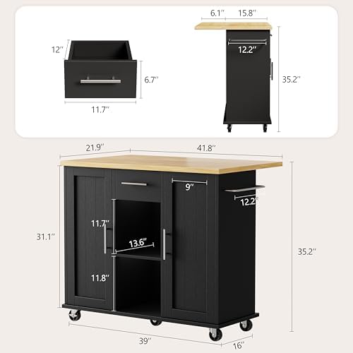 Shintenchi Kitchen Island with Storage, Bar Cart Cabinet Island Table on Wheels, Rolling Microwave Cart for Kitchen with Drop Leaf, Drawers, Towel Rack, Seating Area for Dining Room, Black - Image 3