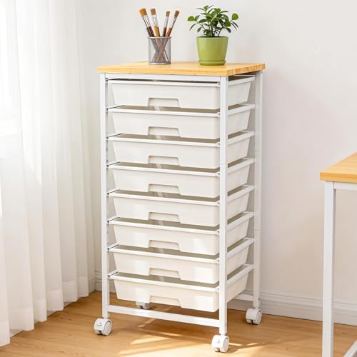 8 Drawer Rolling Storage Cart with Wooden Tabletop & Lockable Wheels by OUKMIC