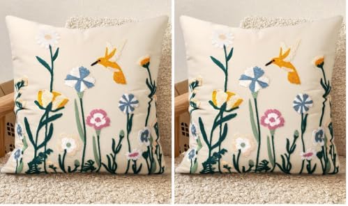 Embroidered Throw Pillow Cover 18x18 Inch - Spring Summer Boho Decorative Pillow Cover with Zipper for Living Room Couch Sofa Bed Aesthetic Design Flower Bird Cushion Pillowcase (Pack of 2) by Kokaaee