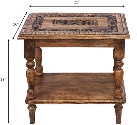 COTTON CRAFT Solid Wood End Table - Hand Carved Brown Side Table with Shelf - Image 3