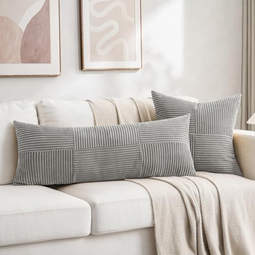 Fancy Homi Set of 2 Grey Boho Long Lumbar Body Decorative Throw Pillow Cover 14x36 Inch for Bed Couch Bedroom Bench, Soft Patchwork Corduroy Textured Pillow Case, Rustic Farmhouse Room Décor - Image 5