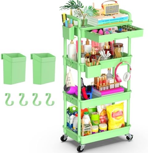Goovilla 4 Tier Rolling Utility Cart Organizer with Removable Drawer, Green by Goovilla