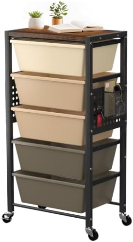 Rolling Cart with 5 Drawers, Plastic Drawer Storage Carts with Wheels & Wooden Tabletop, Metal Utility Cart with Pegboards, Office Living Room Classroom Craft Organization and Storage, Dark Brown by TimeForest