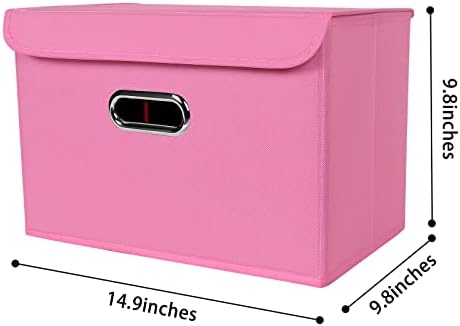 Linen Fabric Foldable Collapsible Storage Cube Bin Organizer Basket Fabric Storage Bins with Lid, Leather Handles, Removable Divider for Home, Closet, Pink 3Pcs - Image 2