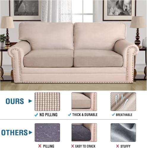 H.VERSAILTEX Super Stretch Individual Seat Sofa Covers Couch Slipcover Sets Thick Jacquard Textured Twill Fabric (2 Piece Large Sofa Cushion Covers, Sand) - Image 2