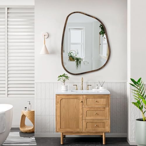 Asymmetrical Accent Mirror for Wall Irregular Oval Wood Frame Modern Unique Wall Mirror Decorative Boho Vanity Bathroom Living Room Bedroom Entryway Hallway Artistic Wavy Mirror Large 26"x18" - Image 6
