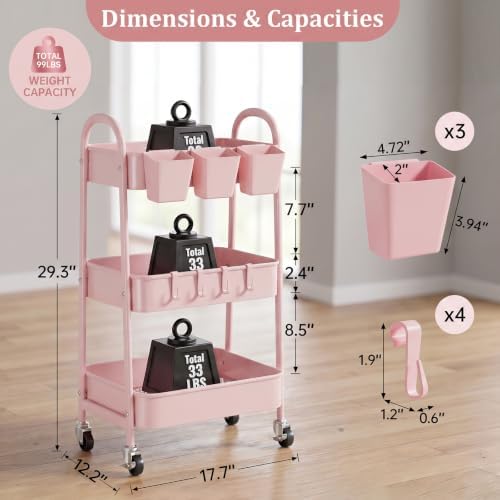 danpinera 3-Tier Rolling Cart, Utility Cart Mobile Metal Rolling Storage Cart with Lockable Wheels & Hanging Cups & Hooks for Kitchen, Bathroom, Office, Workshop, Pink - Image 2
