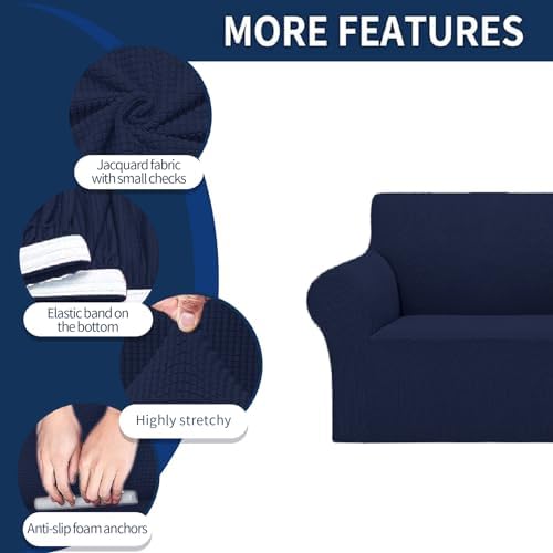 Cupuamon 2026 New Stretch Oversized Sofa Slipcovers Couch Sofa Cover for 4 Seater Furniture Protector Covers with Elastic Bottom Jacquard Fabric Small Checks for Pets, Kids - Navy - Image 4