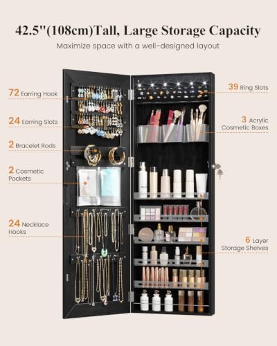 LVSOMT Wall Mounted Jewelry Organizer with Full Length Mirror, 42.5" Black - Image 2