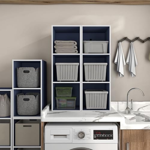 Homes: Inside + Out Apexa 3-Cube Storage Organizer Shelves, Stackable Wood Bookcase Fits Cubby Bins for Organization, Dorm Teen Room Decor & Home Office, Steel Blue - Image 2