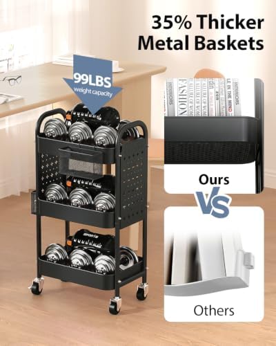 ALVOROG 3 Tier Metal Rolling Utility Cart with Pegboards,Baskets,Hooks - Image 5