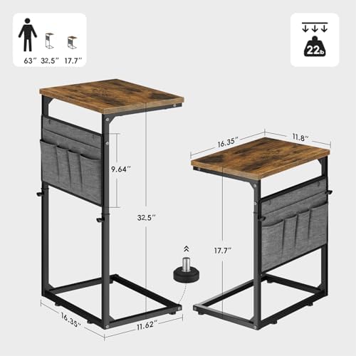 Vagusicc C Shaped End Table, Set of 2 Tall Side Table for Couch, Adjustable Height Small Couch Side Table for Small Spaces, End Table Slide Under Sofa Table TV Tray Arm Table for Living Room, Brown - Image 3