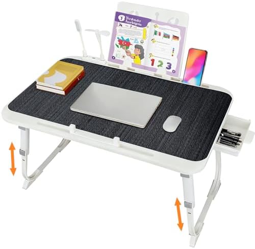 Laptop Desk for Bed, Adjustable Height Laptop Bed Table, Foldable Lap Desk with USB Charge Port, Desktop Card Slot, Side Drawer, Book Shelf, Portable Lap Tray for Eating Reading Working Sofa & Floor by CSYY