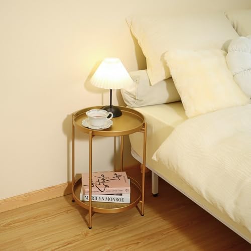 2-Tier Round End Side Table, Small Metal Side Table with Removable Tray, Folding Accent Tables for Living Room, Balcony, Nightstand for Bedroom, Outdoor Tables for Patio, Gold - Image 6