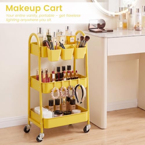 danpinera 3-Tier Rolling Cart, Utility Cart Mobile Metal Rolling Storage Cart with Lockable Wheels & Hanging Cups & Hooks for Kitchen, Bathroom, Office, Workshop, Yellow - Image 6