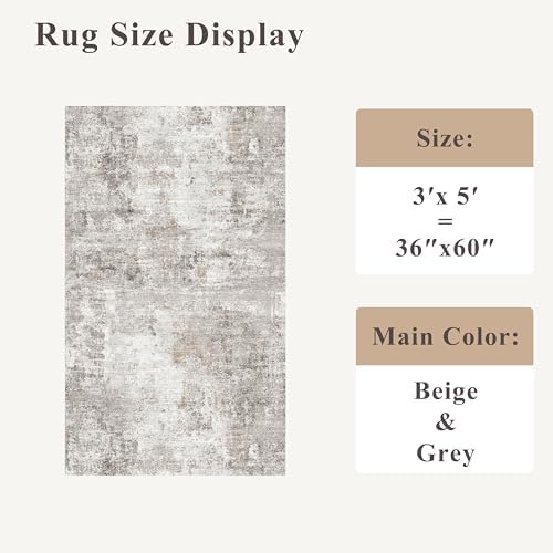 Washable 3x5 Entryway Rug - Non-Slip Soft Low-Pile Thin Small Area Rugs for Kitchen Bedroom Living Room Hallway – Modern Abstract Neutral Door mat Indoor（Beige Grey） - Image 2